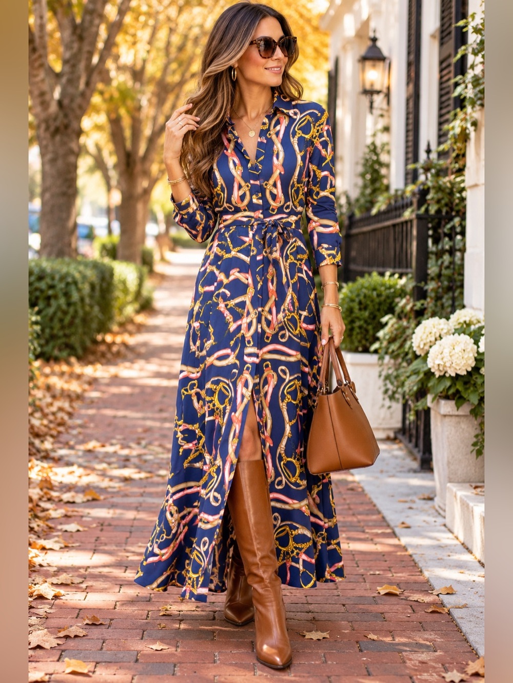 J. McLaughlin Amory Maxi Dress XS Navy Coral Equestrian Belted